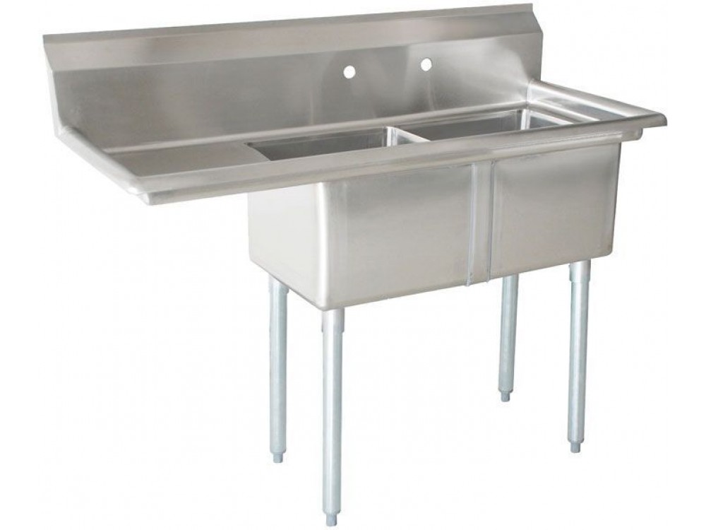 Omcan 25256 1.8" Corner Drain and Left Drain Board 24" x 24" x 14" Two Tub Sink