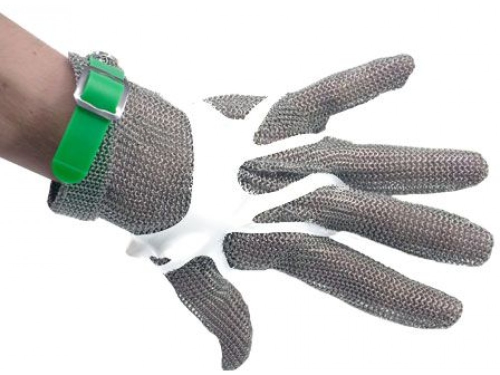 Omcan 44353 Extra Large Green Silicone Strap Five Finger Stainless Steel Mesh Glove