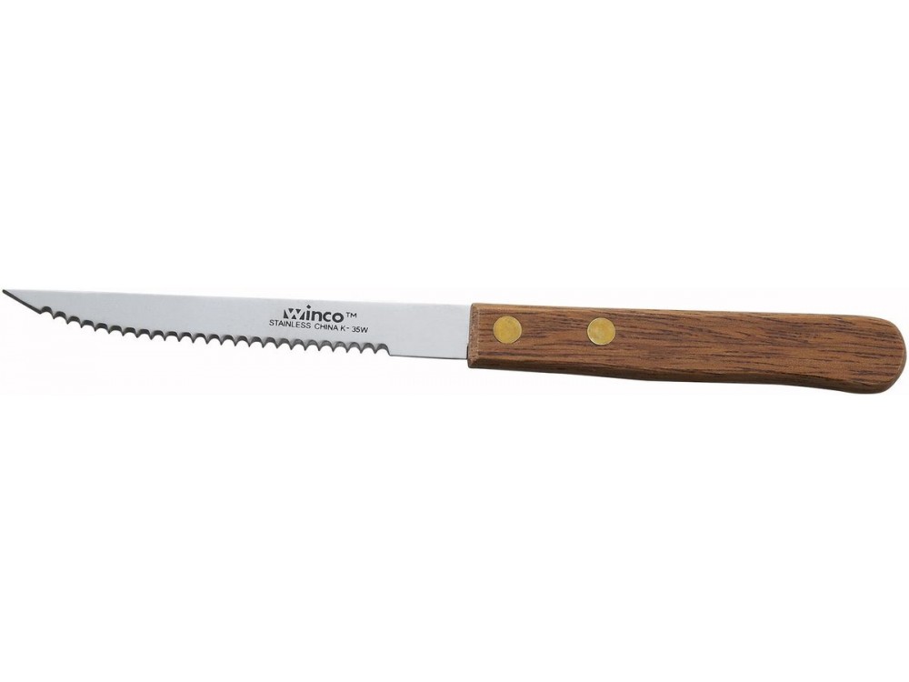 Winco K-35W 4" Blade Wooden Handle Pointed Tip Steak Knives