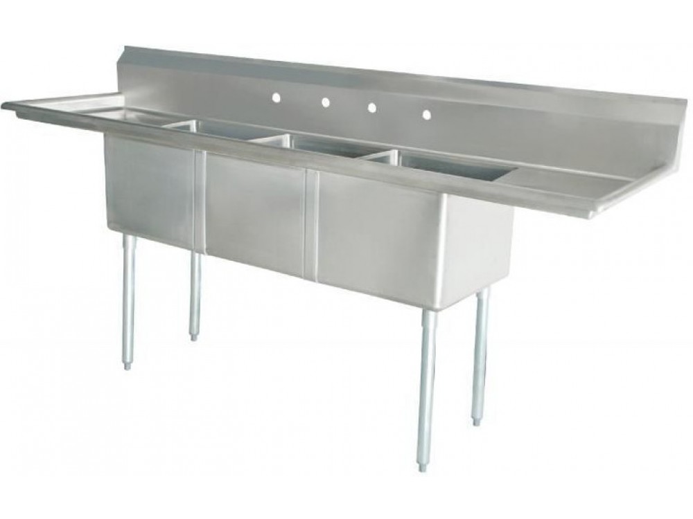 Omcan 43763 Center Drain and Two Drain Boards 18" x 18" x 11" Three Tub Sink