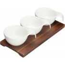 Winco WDP015-102 Durable White 24 sets/case 9-3/8" x 4" Porcelain Trio Bowl Set with Wooden Plate